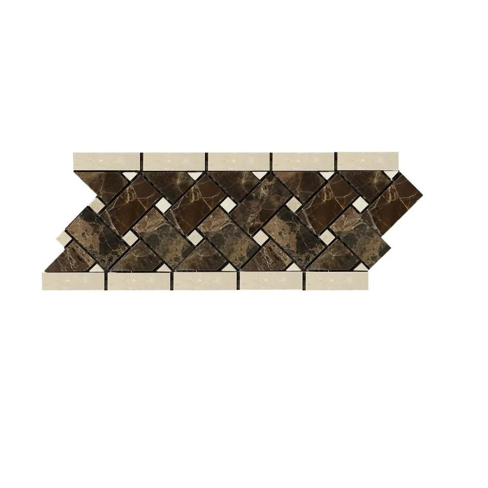 Emperador Dark Polished Basketweave w/ C. Marfil Dots Border Tile 4 3/4x12"