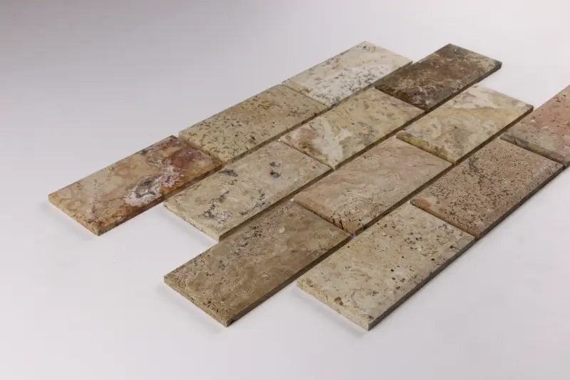 Scabos Travertine Split Faced Brick Mosaic Tile 1x2"
