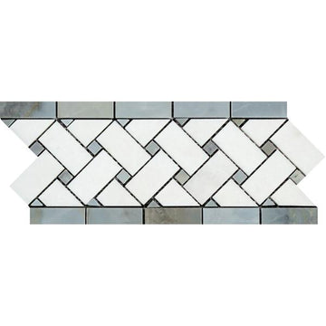 Carrara Italian White Basketweave with Blue & Gray Dots Border Tile 4 3/4