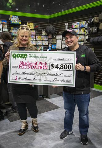 Shades of Pink Executive Director Karla Sherry and Ooze Marketing Director Eddie Koury hold a giant check for the money raised by Ooze's fundraiser. They stand on either side of the check in the Ooze Wholesale showroom