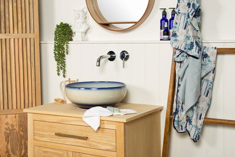 blue and white bathroom wash basins made from porcelain