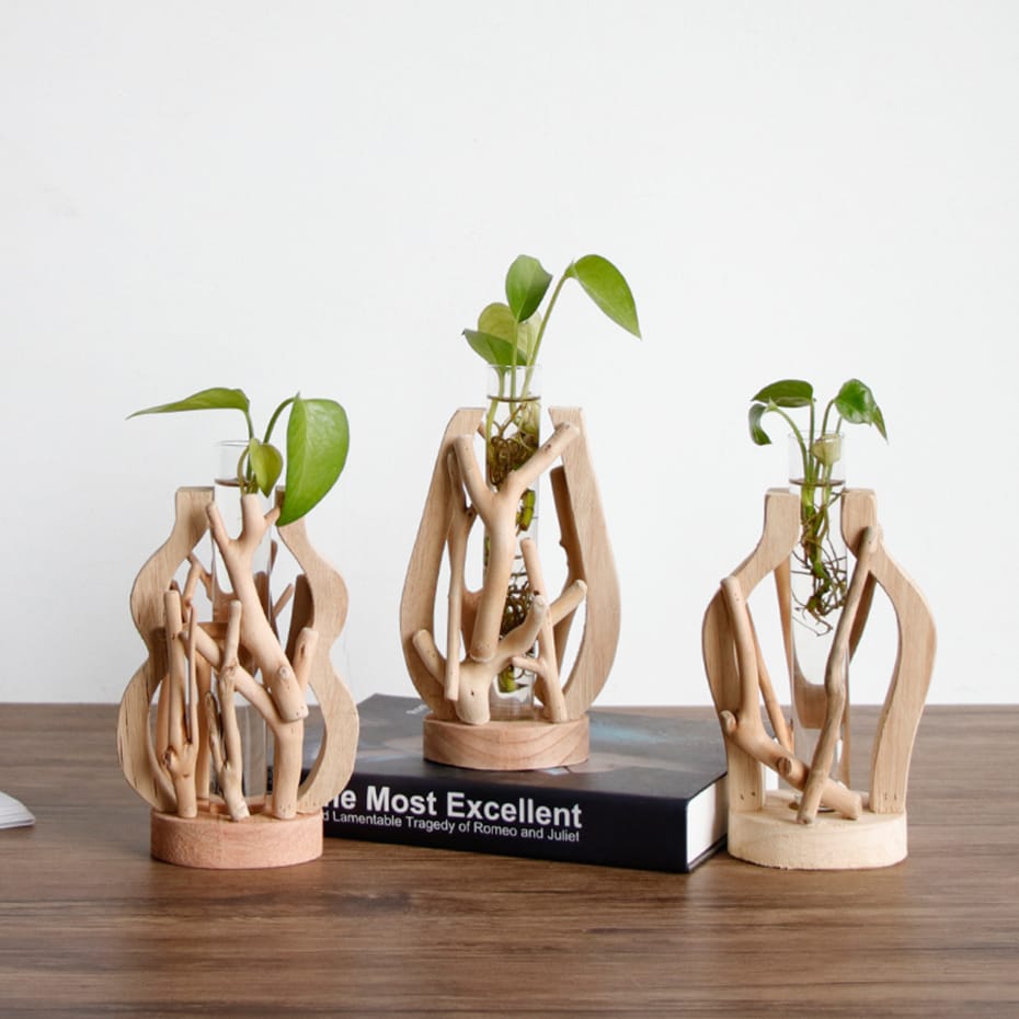 Wooden vase with glass container