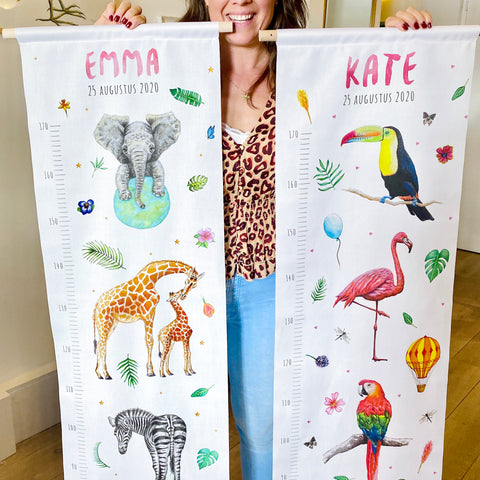 groeimeter cadeau met naam kraamcadeau verjaardag kind gepersonaliseerd cadeau dieren in aquarel olifant giraf zebra toekan flamingo papegaai