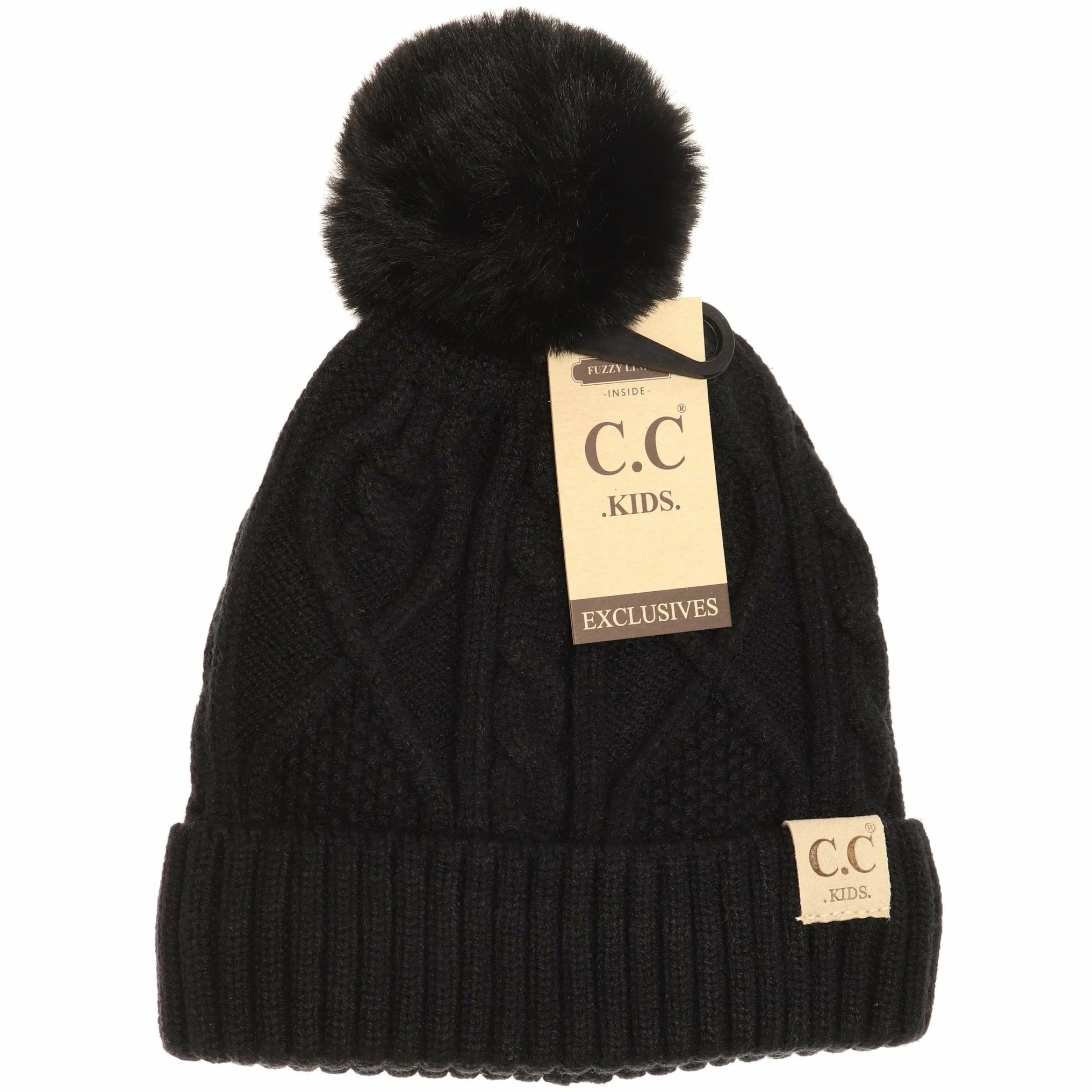 Kids Matching Fur Pom Pom C.C. Beanie - Black