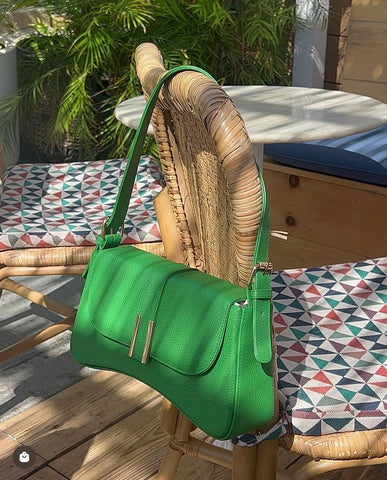 green leather bag made in mexico city by Eileen Garcia & sold at Shop Semiya, Latin American fashion brands.