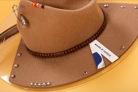 camel felt velour hat with pins and brown leather, handamade, shop latinx latin american fashion brands, shop semiya