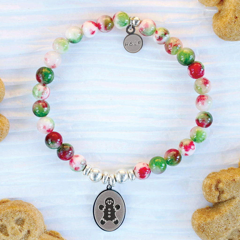 HELP by TJ Gingerbread Man Charm with Holiday Jade Beads Charity Bracelet