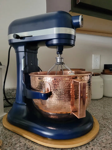 Blue KitchenAid Mixer with Copper Mixing Bowl
