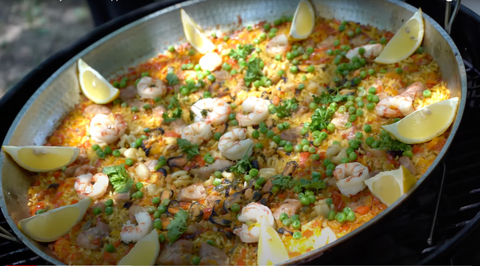 Perfect seafood paella on professional copper paella pan