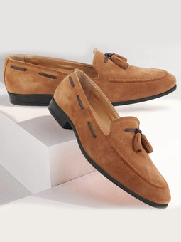 Men Brown Stitched Block Design Pattern Back Open Slip On Loafer Shoes