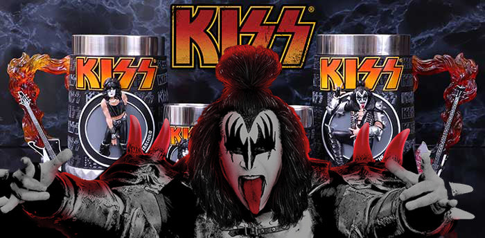 Gene The Demon Simmons in front of KISS merchandise