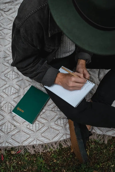 Man Journaling Writing List On Picnic Rug