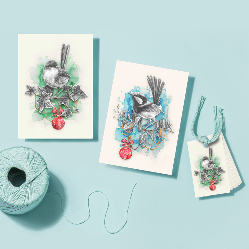 Festive fairywren Christmas cards and gift tags by Alex Louisa