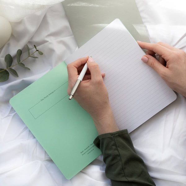 Minty green notebook with open pages about to write