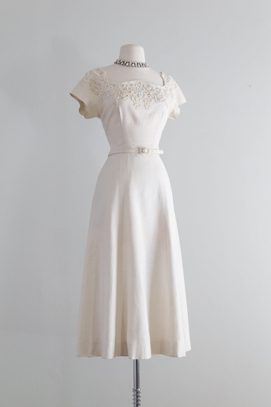 Exquisite Early 1950's Ivory Linen Wedding Dress With Embellished Neck ...