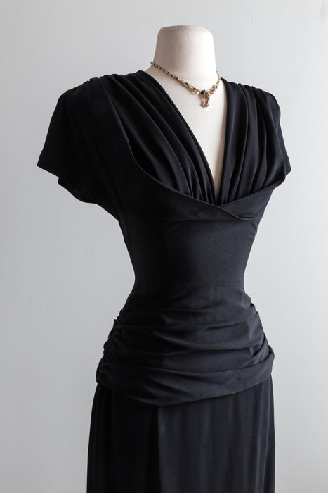 1940's Femme Fatale Perfectly Draped Black Cocktail Dress / Waist 27"