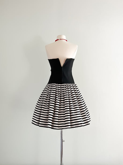 1980's Darcy Striped and Polka Dot Strapless Party Dress / Sz S