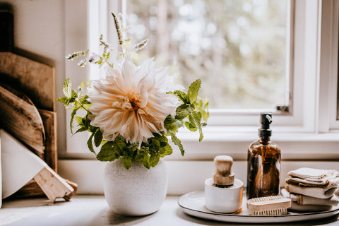 dahlia cafe au lait flower in vase with mint foliage