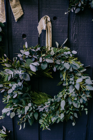 cedar eucalyptus wreath with velvet ribbon