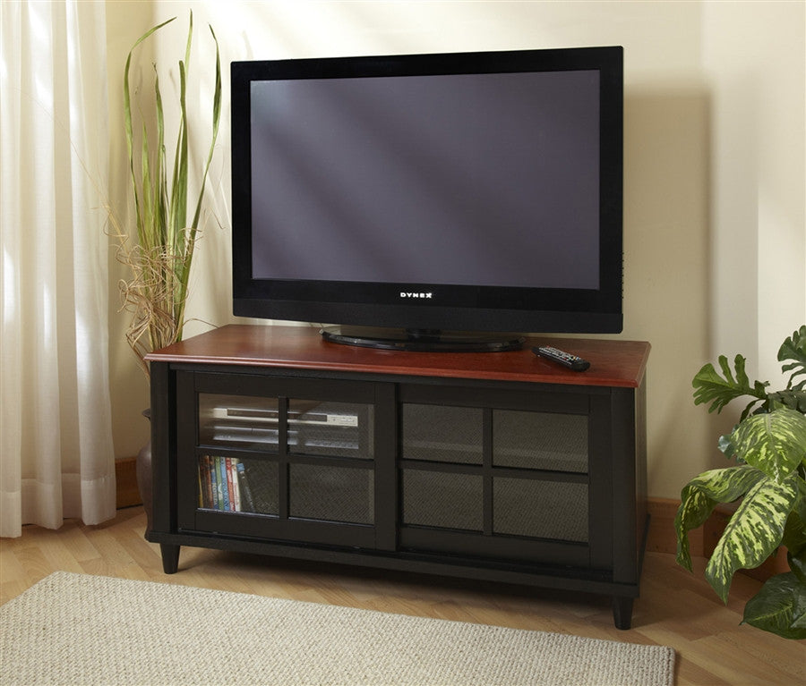 French Country TV Stand with Sliding Doors in Black &amp; Cherry 