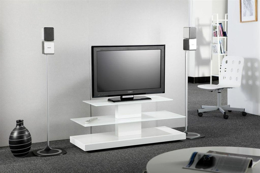  Products &gt; 44" Wood &amp; Tempered Glass Modern White Flat Screen TV Stand