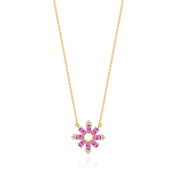 Baguette Diamond Sun Pendant With Pink Sapphire In 14K Yellow Gold