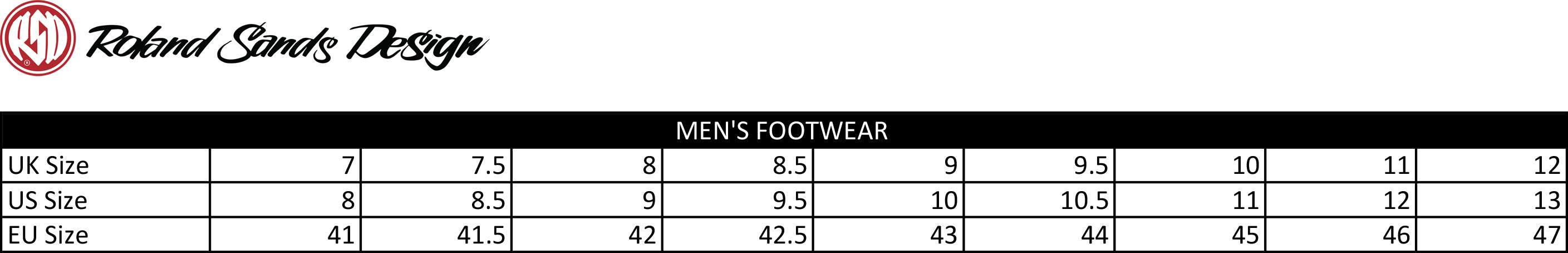 Roland Sands Design Footwear Size Chart - Salt Flats Clothing