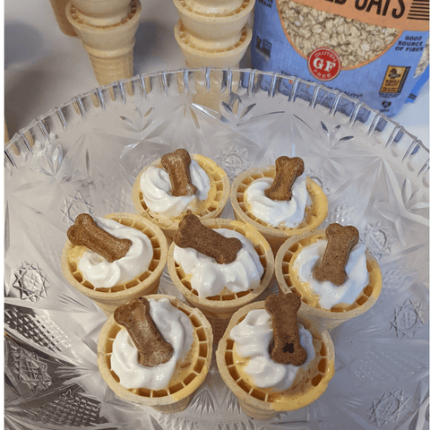 An image of Pup Cups - a cake cone with soft filling, whipped cream, and a crunchy dog biscuit treat on top