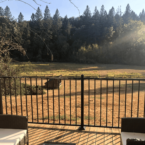 A scene of a meadow and a mountain from a balcony. 