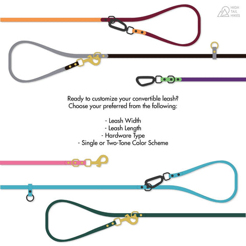 Grahpics show multiple ends of leashes with convertible handles and different hardware types at the end, both solid brass bolt snaps and autolocking carabiners.