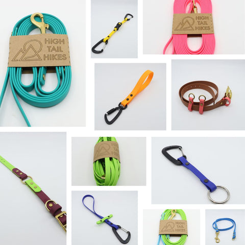 Several colorful waterproof BioThane dog leashes, collars, and accessories in shades of pink, blue, orange, brown, and other bright colors arranged in a collage pattern against a white background. 