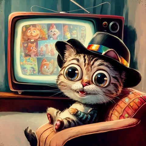 A delightful animated TV show scene featuring a cat with happy face, comically little eyes. The cat is wearing a stylish hat and is sitting comfortably on a cozy sofa, watching the screen. The TV display shows a variety of colorful cartoons, with the cat's attention fully captivated. The overall atmosphere of the image is light-hearted and fun, with a touch of vintage charm.一個令人愉快的動畫電視節目場景，其中一隻貓有著快樂的臉和滑稽的小眼睛。 這隻貓戴著一頂時尚的帽子，舒適地坐在舒適的沙發上，看著螢幕。 電視上播放著各種色彩繽紛的卡通片，貓咪的注意力完全被吸引住了。 畫面整體氛圍輕鬆有趣，帶有一絲復古韻味。