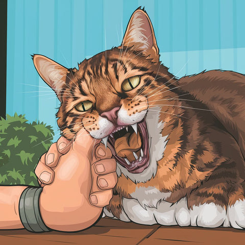 Biting is a behavior that needs to be stopped early to avoid it becoming a problem behavior later in life. As a cat grows older, its teeth and oral muscles become stronger, and its bite may become stronger., cartoon style咬人是一種需要儘早停止的行為，以避免在以後的生活中成為問題行為。 隨著貓咪年齡的增長，它的牙齒和口腔肌肉會變得更強，它的咬合力可能會變得更強。，卡通風格