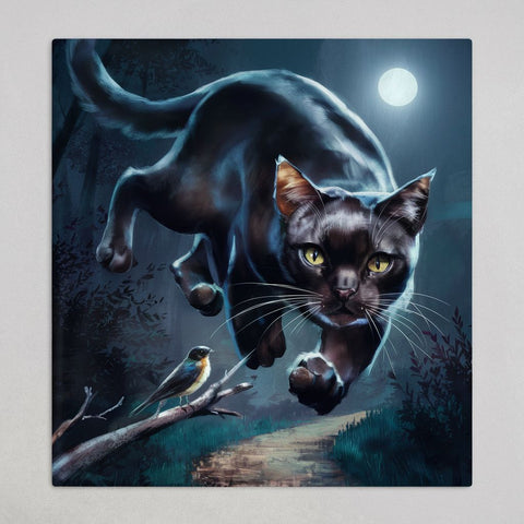 A captivating image of a sleek and agile cat in its natural hunting mode. The cat's eyes are wide, focused on a small bird perched on a branch. Its fur is sleek and glossy, accentuating its muscular body. The background shows a dusky, moonlit forest with a path winding through it, giving the impression of a stealthy chase in the night. ​   337 / 5,000 翻譯結果 翻譯搜尋結果 一隻光滑敏捷的貓在自然狩獵模式下的迷人形象。 貓的眼睛睜得大大的，專注於棲息在樹枝上的一隻小鳥。 它的皮毛光滑有光澤，凸顯了它肌肉發達的身體。 背景是一片月光下的昏暗森林，一條小路蜿蜒穿過森林，給人一種夜間偷偷追逐的感覺。