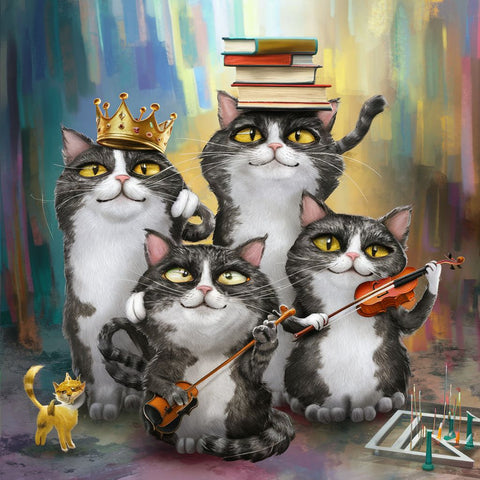 A whimsical illustration of cats portrayed as confident and independent individuals, each showcasing their unique personality traits. One cat dons a tiny crown, symbolizing its regal nature, while another balances a stack of books, reflecting its intellectual prowess. A third cat plays a miniature violin, demonstrating its artistic flair, and a fourth cat navigates a tiny maze, highlighting its cleverness. The background is an abstract, surreal setting with vibrant colors, emphasizing the cats' free-spirited and self-reliant nature.貓的異想天開的插圖被描繪成自信和獨立的個體，每隻貓都展示了它們獨特的個性特徵。 一隻貓戴著一頂小王冠，象徵著它的帝王本性，而另一隻貓則平衡著一疊書，體現了它的智力。 第三隻貓拉著微型小提琴，展現了它的藝術天賦，第四隻貓在小迷宮中穿行，凸顯了它的聰明才智。 背景是一個抽象、超現實的環境，色彩鮮豔，強調了貓自由奔放和自力更生的天性。