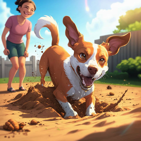 A delightful illustration of a happy dog, fully immersed in the act of digging in a sandy backyard. The dog's ears are flapping with excitement, and its tail is wagging enthusiastically. The dog's owner, wearing a casual summer outfit, watches with a smile, understanding their pet's need to release built-up energy. A sense of contentment and playfulness fills the air as the sun casts a warm glow on the scene.這是一隻快樂的狗的令人愉快的插圖，它完全沉浸在沙質後院的挖掘行為中。 狗興奮地扇動著耳朵，熱情地搖著尾巴。 狗的主人穿著休閒的夏季服裝，微笑著觀看，理解他們的寵物需要釋放積聚的能量。 當陽光在場景上投射出溫暖的光芒時，空氣中瀰漫著滿足和嬉戲的感覺。