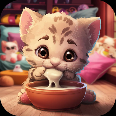 A charming cartoon illustration of a cute baby cat, also known as a kitten, sipping milk from a bowl. The kitten has big, expressive eyes and soft, fluffy fur. The background features a cozy, well-loved room filled with colorful toys and soft pillows. The overall ambiance is warm and welcoming, capturing the essence of a loving home for this adorable cat. 可愛的小貓（也稱為小貓）從碗裡喝牛奶的迷人卡通插圖。 這隻小貓有一雙富有表情的大眼睛和柔軟蓬鬆的皮毛。 背景是一間舒適、深受喜愛的房間，裡面擺滿了色彩繽紛的玩具和柔軟的枕頭。 整體氛圍溫暖而溫馨，體現了這隻可愛的貓咪充滿愛的家的精髓。