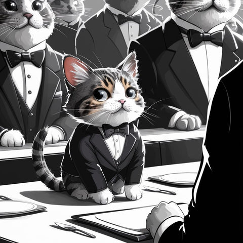 An adorable and well-dressed cat sitting gracefully at a formal etiquette training event. The cat is wearing a tiny suit and a bow tie, and it is attentively observing the instructor. The background reveals other animals, also dressed in formal attire, participating in the etiquette lesson. The atmosphere is sophisticated and elegant, with a touch of whimsy and humor.一隻穿著考究的可愛貓咪優雅地坐在正式的禮儀訓練活動中。 貓穿著小西裝，打著領結，聚精會神地觀察教練。 背景還有其他動物，也穿著正裝，參加禮儀課。 氣氛精緻而優雅，帶有一絲奇思妙想和幽默。