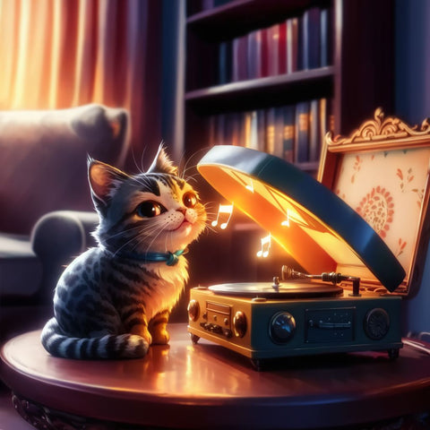 A charming scene of a curious cat sitting beside a vintage record player emitting soft, soothing music. The cat, with a mesmerized expression, appears to be enjoying the tunes. The background features a cozy living room with a comfortable couch, a bookshelf filled with books, and warm, golden hues from the sunlight filtering through the curtains. ​   348 / 5,000 翻譯結果 翻譯搜尋結果 一隻好奇的貓坐在一台老式電唱機旁邊，發出輕柔舒緩的音樂，這是一個迷人的場景。 這隻貓一臉著迷，似乎很享受這些曲子。 背景是一間舒適的客廳，配有舒適的沙發、擺滿書籍的書架以及透過窗簾的陽光發出的溫暖的金色色調。