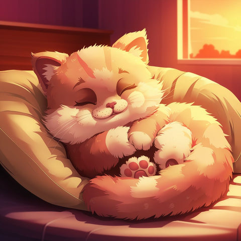 A heartwarming cartoon illustration of a fluffy, adorable cat snuggled up in a cozy bed. The cat has soft, round features and is sleeping soundly, with its paws tucked under its chest and a sweet smile on its face. The background is a warm, cozy room with a window showing a peaceful sunset. The overall atmosphere is comforting and light-hearted, evoking a sense of home and tranquility.溫馨的卡通插圖，一隻毛茸茸的可愛貓咪依偎在舒適的床上。 這隻貓五官柔軟圓潤，爪子夾在胸前，睡得很香，臉上掛著甜蜜的笑容。 背景是一間溫暖舒適的房間，窗戶上可以看到寧靜的日落。 整體氛圍舒適輕鬆，喚起一種家的感覺和寧靜。