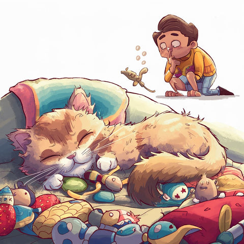 A charming illustration of a fluffy cat sleeping peacefully on a cozy bed, surrounded by a variety of toys. The cat's eyes are closed, and its whiskers are twitching gently. In the background, a curious human is shown, kneeling down with a thoughtful expression, holding a toy mouse to offer the cat. The scene exudes a sense of warmth and affection.迷人的插圖描繪了一隻毛茸茸的貓安靜地睡在舒適的床上，周圍環繞著各種玩具。 貓的眼睛閉著，鬍鬚輕輕抽動著。 背景中，一個好奇的人跪下來，表情若有所思，手裡拿著一隻玩具老鼠，準備向貓獻祭。 場面充滿了溫暖和親情的感覺。