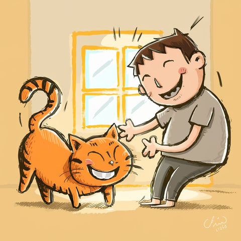 A lighthearted and playful cartoon scene of a human interacting with his cat. The human, wearing a simple t-shirt, is dressed in a gray outfit, and the cat is a vibrant orange with a mischievous grin. The characters are engaged in a game of 'catch the tail' - the human laughing while attempting to catch the wagging cat tail. The background showcases a simple, cheerful apartment, with a window providing a soft, warm light that highlights the joyful moment.一個人與他的貓互動的輕鬆有趣的卡通場景。 人類穿著簡單的T卹，穿著灰色的衣服，而貓則是充滿活力的橙色，帶著頑皮的笑容。 角色們正在玩「抓住尾巴」的遊戲——人類一邊笑著一邊試圖抓住搖晃的貓尾巴。 背景展示的是一間簡單、歡樂的公寓，窗戶提供柔和、溫暖的光線，凸顯出歡樂的時刻。