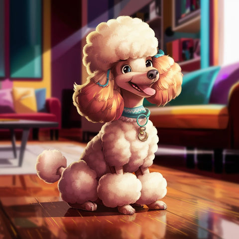A delightful cartoon illustration of a poodle, meticulously groomed with a fluffy and intricate haircut. The poodle is sitting on a polished wooden floor, its eyes filled with joy and a playful smile. The background is a cozy living room with a colorful, modern aesthetic. There's a sense of happiness and warmth emanating from the scene, showcasing the heartwarming bond between the pet and its owner.可愛的貴賓犬卡通插圖，經過精心修飾，有著蓬鬆而複雜的髮型。 貴賓犬坐在拋光的木地板上，眼睛充滿了喜悅和俏皮的微笑。 背景是一間舒適的客廳，具有色彩繽紛的現代美感。 現場洋溢著幸福和溫暖的感覺，展現了寵物和主人之間溫馨的連結。
