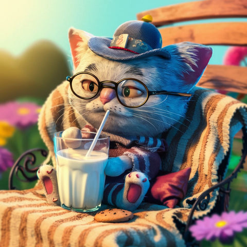 A charming and whimsical cartoon depicting an old, wise-looking cat wearing a small hat and glasses. The cat is comfortably seated on a garden bench with a cozy blanket, enjoying a glass of milk. The milk has a tiny straw carefully placed, and there's a cookie next to it. The background consists of a serene garden with colorful flowers and a warm, sunny sky.一幅迷人而異想天開的漫畫，描繪了一隻戴著小帽子和眼鏡、看起來很聰明的老貓。 這隻貓舒服地坐在花園長凳上，蓋著舒適的毯子，享受著一杯牛奶。 牛奶上小心翼翼地放著一根小吸管，旁邊還有一塊餅乾。 背景是一個寧靜的花園，花園裡開滿了五顏六色的鮮花，還有溫暖、陽光明媚的天空。
