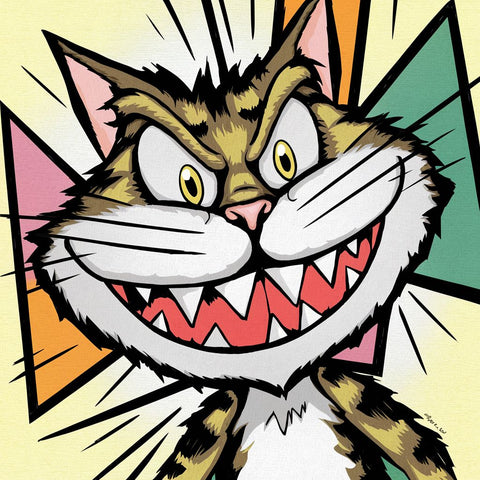 A whimsical cartoon illustration of a cat, displaying its razor-sharp teeth as it grins mischievously. The cat's eyes are wide and expressive, creating a playful yet slightly menacing vibe. The background consists of simple geometric shapes in vibrant colors, adding a sense of energy and movement to the scene. The overall style of the drawing is light-hearted and humorous, reminiscent of classic Looney Tunes characters.貓的異想天開的卡通插圖，頑皮地咧著嘴笑，露出鋒利的牙齒。 貓的眼睛又大又富有表情，營造出一種俏皮但略帶威脅的氛圍。 背景由色彩鮮豔的簡單幾何形狀組成，為場景增添了活力和動態。 繪畫的整體風格輕鬆幽默，讓人想起經典的樂一通角色。