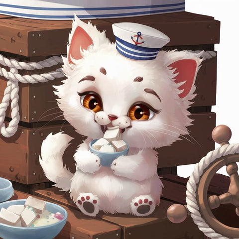 A charming illustration of a cute, fluffy white cat sitting on a wooden milk crate, happily munching on a small bowl of dairy-based treats. The cat has big, expressive eyes and pointy ears, and is donning a miniature sailor hat. The background includes a nautical theme with ropes, anchors, and a ship's wheel. The overall atmosphere is cozy and adorable, perfect for a children's storybook.一幅迷人的插圖，一隻可愛、毛茸茸的白貓坐在木製牛奶箱上，高興地咀嚼著一小碗乳製品。 這隻貓有一雙富有表情的大眼睛和尖尖的耳朵，戴著一頂微型水手帽。 背景包括帶有繩索、錨和船輪的航海主題。 整體氛圍溫馨可愛，非常適合兒童故事書。