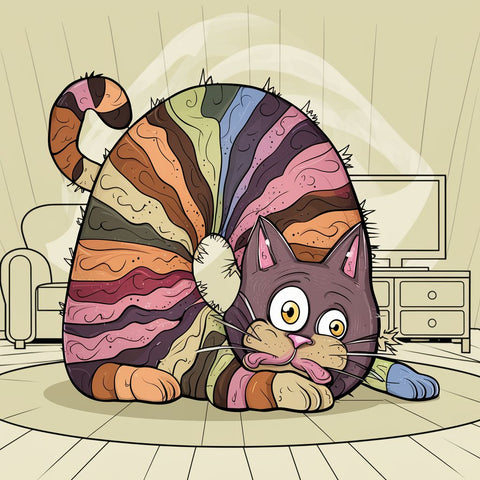 A whimsical cartoon cat, displaying an array of vibrant colors, with its body contorted in an epileptic-like seizure. The cat's eyes are wide with a tongue sticking out, adding to the humorous effect. The background features a simple, light-hearted setting of a living room with a couch and a TV, further emphasizing the contrast between the lively cartoon and the mundane environment.一隻異想天開的卡通貓，展現出一系列鮮豔的色彩，其身體因癲癇樣發作而扭曲。 貓的眼睛睜得大大的，舌頭伸出來，增添了幽默的效果。 背景是一個簡單、輕鬆的客廳，配有沙發和電視，進一步強調了生動的卡通與平凡環境之間的對比。