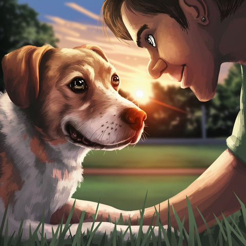 A heartwarming moment captures the eyes locked between a dog and a human. The dog, with its expressive eyes filled with love and trust, sits on the grass. The human, a loving pet owner, gazes back at the dog with a gentle smile. The background is a serene park with a beautiful sunset, casting a warm glow on the scene. The image perfectly encapsulates the deep bond between humans and their beloved pets.狗和人的眼神交會，令人心曠神怡。 這隻狗坐在草地上，眼睛裡充滿了愛和信任。 人類是一位充滿愛心的寵物主人，他帶著溫柔的微笑回望著狗。 背景是一個寧靜的公園，美麗的夕陽為場景投射出溫暖的光芒。 這張圖像完美地體現了人類與其心愛的寵物之間的深厚紐帶。