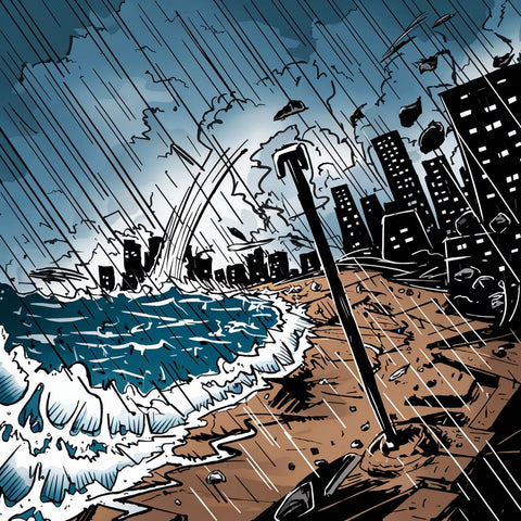 A vivid and dynamic cartoon scene of a powerful typhoon hitting a coastal town. A fierce storm rages, with rain pouring down, waves crashing against the shore, and wind blowing debris through the streets. The background shows the silhouette of a cityscape with skyscrapers bending under the force of the winds. A lone umbrella stands tall, defying the storm. The overall mood of the image is chaotic and intense, yet there's a sense of strength and resilience amidst the turmoil.強烈颱風襲擊沿海小鎮的生動動態卡通場景。 猛烈的暴風雨肆虐，傾盆大雨傾盆而下，海浪拍打海岸，風吹過街道上的碎片。 背景顯示了城市景觀的輪廓，摩天大樓在風的力量下彎曲。 一把孤傘挺立，不畏風雨。 畫面的整體氣氛混亂而激烈，但在混亂中卻有一種力量和堅韌的感覺。