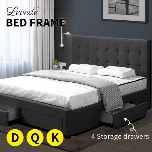 Levede Bed Frame Base With Storage Drawer Mattress Wooden Fabric Queen Dark Grey